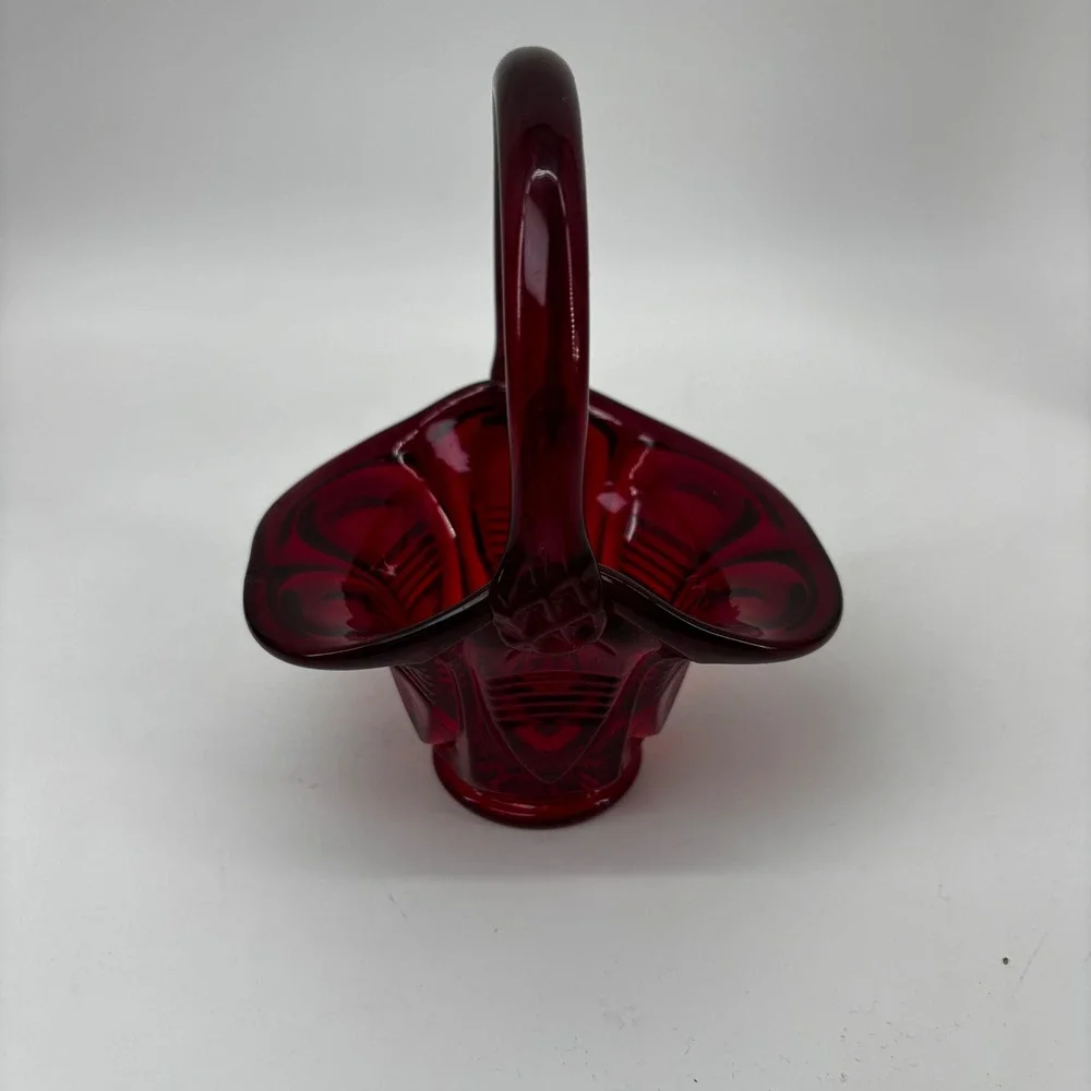 Vintage Ruby Red Glass Basket Pressed Pattern Scalloped Edge Applied Handle 6in